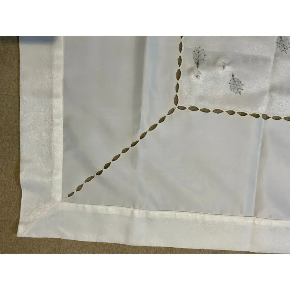 Table Topper White Floral Green Leaf Embellishments Cutwork 39 Inch Square